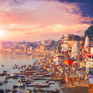 Boats lined up at the Ghats of Varanasi